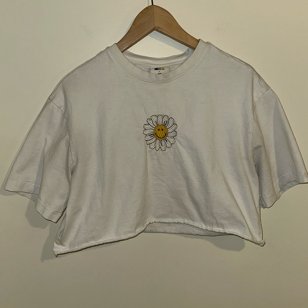 SMILEY X H&M Womens Floral Cropped Cotton Tee “Positive State of Mind” Size M